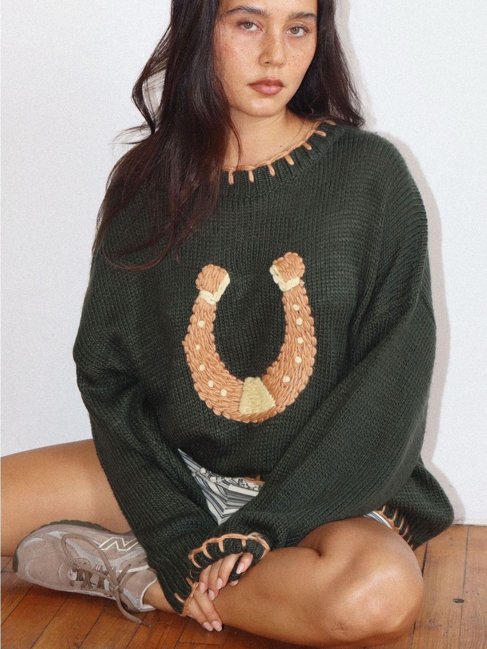 Bailey Rose Forest Green Embroidered Horseshoe Knit Sweater S